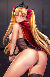 Rule 34 | 1girl, ass, badcompzero, bare shoulders, blonde hair, blush, breasts, cape, chain, crown, dress, ereshkigal (fate), fate/grand order, fate (series), from behind, long hair, looking back, nipples, red eyes, shiny skin, short dress, sideboob, single thighhigh, solo, thighhighs, thong, tohsaka rin, two side up, very long hair