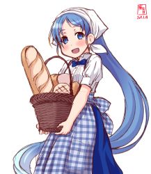 Rule 34 | 1girl, alternate costume, apron, artist logo, baguette, basket, blouse, blue bow, blue bowtie, blue eyes, blue hair, blush, bow, bowtie, bread, carrying, collared shirt, cowboy shot, dated, flat chest, food, gingham apron, gradient hair, head scarf, highres, kanon (kurogane knights), kantai collection, kobeya, kobeya uniform, long hair, looking at viewer, melon bread, multicolored hair, open mouth, plaid, plaid apron, samidare (kancolle), shirt, short sleeves, signature, simple background, smile, solo, very long hair, waitress, white background, white shirt