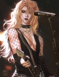 1boy alucard_(castlevania) androgynous belt blonde_hair castlevania_(series) collar fingerless_gloves fishnet_sleeves fishnets gloves guitar hair_over_one_eye highres holding holding_guitar holding_instrument instrument lips long_hair male_focus microphone microphone_stand nigelgraz parted_bangs parted_lips pectorals scar scar_on_chest solo spiked_collar spikes upper_body v-neck wavy_hair yellow_eyes