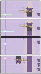 Rule 34 | 4koma, absurdres, chibi, comic, commentary, eighth note, english text, fang, formal, gameplay mechanics, halo, highres, holding, hololive, hololive english, instrument, mpien, music, musical note, necktie, octopus, open mouth, playing instrument, red necktie, silent comic, spotlight, suit, sweatdrop, takodachi (ninomae ina&#039;nis), trombone, trombone champ, upside-down, virtual youtuber