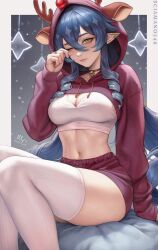 Rule 34 | 1girl, 2022, animal ears, antlers, arm at side, bell, blue hair, border, breasts, christmas, cleavage, collar, collarbone, commentary, curled fingers, dated, english commentary, fake animal ears, genshin impact, hair between eyes, hand up, highres, hood, hood up, horns, jewelry, jingle bell, knees together feet apart, layla (genshin impact), long bangs, long hair, long sleeves, medium breasts, navel, one eye closed, pointy ears, red collar, red shorts, red sleeves, reindeer antlers, ring, rubbing eyes, santa costume, sciamano240, shorts, signature, sitting, solo, sparkle, thighhighs, thighs, twintails, very long hair, white border, white thighhighs, yellow eyes