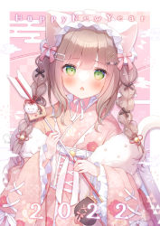 1girl animal_ears arrow_(projectile) black_ribbon blush braid brown_hair cat_ears cat_tail green_eyes hair_ornament hairclip highres holding holding_arrow japanese_clothes kimono long_hair long_sleeves looking_at_viewer nengajou new_year omochi_monaka open_mouth original pink_ribbon ribbon tail twin_braids wide_sleeves