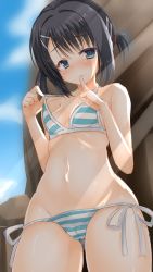 Rule 34 | 1girl, bikini, black hair, blue bikini, blue eyes, blush, breasts, cameltoe, closed mouth, cowboy shot, day, dracu-riot!, finger to mouth, gluteal fold, hair ornament, hairclip, highres, index finger raised, light rays, looking at viewer, mera azusa, naughty face, navel, nose blush, outdoors, pulling own clothes, raised eyebrows, ribbon, rock, shiny skin, short hair, shushing, side-tie bikini bottom, small breasts, smile, solo, standing, stomach, strap pull, striped bikini, striped clothes, sunbeam, sunlight, swimsuit, tareme, thighs, two side up, white ribbon