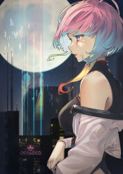 Rule 34 | 1boy, 1girl, ahoge, bare shoulders, black shirt, breasts, building, cyberpunk (series), cyberpunk edgerunners, david martinez, eyeliner, fadingz, from side, highres, jacket, large breasts, long sleeves, lucy (cyberpunk), moon, multicolored eyes, multicolored hair, night, night sky, off shoulder, open clothes, open jacket, red eyeliner, reflection, shirt, sidelocks, sky, skyscraper, sleeveless, sleeveless shirt, window, yellow jacket
