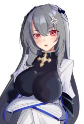 Rule 34 | 1girl, absurdres, angry, azur lane, blush, breasts, cross, crossed arms, grey hair, hair ornament, highres, large breasts, long hair, looking at viewer, neunzig, open mouth, red eyes, saint-louis (azur lane), solo, upper body, white background