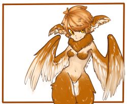 Rule 34 | 1girl, breasts, brown hair, eyeshadow, feathered wings, feathers, harpy, makeup, miss tron bonne, monster girl, navel, original, short hair, small breasts, smile, solo, wing ears, winged arms, wings, yellow eyes