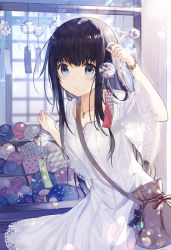 Rule 34 | 1girl, :o, bag, bag charm, black eyes, black hair, blue theme, bracelet, charm (object), commentary request, dappled sunlight, dress, hand fan, holding, jewelry, kazutake hazano, lace, lace-trimmed dress, lace-trimmed sleeves, lace trim, long hair, looking at viewer, necklace, original, paper fan, pendant, pouch, shoulder bag, solo, sunlight, uchiwa, water yoyo, white dress, wide sleeves, wind chime