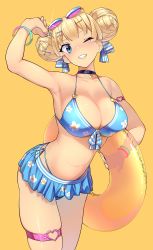 Rule 34 | 1girl, arm up, bikini, black choker, blonde hair, blue bikini, blue eyes, blunt bangs, blush, borrowed character, bow, breasts, choker, cleavage, commentary, commentary request, cowboy shot, double bun, fingernails, glint, grin, hair bow, hair bun, hair ornament, hairclip, heart, highres, holding, holding swim ring, innertube, kaedeko (kaedelic), large breasts, leaning forward, lina (michihasu), looking at viewer, nail polish, one eye closed, orange background, original, shiny skin, simple background, skindentation, smile, solo, sunglasses, swim ring, swimsuit, symbol-only commentary, thigh strap, thighs