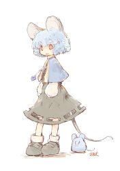 1girl animal animal_ears blue_capelet capelet dress grey_footwear grey_hair highres jewelry long_sleeves looking_at_viewer mouse_(animal) mouse_ears mouse_girl mouse_tail nazrin open_mouth pendant red_eyes shirt short_hair skirt smile tail touhou undefined_fantastic_object white_background yamasina009