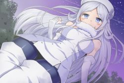 Rule 34 | 10s, 1girl, aila jyrkiainen, bare shoulders, beret, blue eyes, blue pantyhose, boots, elbow gloves, from below, fur trim, gloves, gundam, gundam build fighters, hat, kaosu nigou, long hair, pantyhose, sky, solo, star (sky), starry sky, thigh boots, thighhighs, white hair