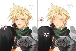 Rule 34 | 1boy, 1girl, angry, armor, black hair, blonde hair, blue eyes, blush, brown gloves, cheek pinching, closed eyes, closed mouth, cloud strife, commentary, crisis core final fantasy vii, duoj ji, ear blush, english commentary, final fantasy, final fantasy vii, gloves, green scarf, height difference, helmet, highres, holding, holding helmet, long hair, looking at another, open mouth, pinching, scarf, shinra infantry uniform, shoulder armor, speech bubble, spiked hair, tifa lockhart, underwear, upper body, white background
