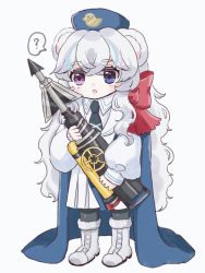 Rule 34 | 1girl, ?, animal ears, arknights, bad id, bad twitter id, bear ears, bird, blue eyes, boots, chibi, commentary request, duck, garrison cap, harpoon, harpoon cannon, harpoon gun, hat, heterochromia, highres, holding, holding weapon, long hair, open mouth, puffy sleeves, red eyes, red ribbon, ribbon, rosa (arknights), shirt, simple background, solo, someyaya, weapon, white background, white footwear, white shirt