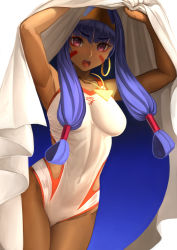 Rule 34 | 1girl, armpits, blue hair, blush, breasts, covered navel, dark-skinned female, dark skin, facial mark, fate/grand order, fate (series), hairband, highres, long hair, looking at viewer, medium breasts, nitocris (fate), nitocris (fate/grand order), nitocris (swimsuit assassin) (fate), nitocris (swimsuit assassin) (second ascension) (fate), one-piece swimsuit, open mouth, pink eyes, solo, standing, swimsuit, white one-piece swimsuit, yamaneko (tkdrumsco)