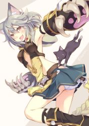 Rule 34 | 10s, 1girl, animal ears, blush, braid, cat, cat ears, claws, erune, fang, granblue fantasy, grey hair, highres, itoichi., looking at viewer, open mouth, panties, red eyes, sen (granblue fantasy), smile, solo, twitter username, underwear, white panties
