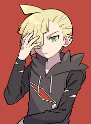 Rule 34 | 1boy, ahoge, black shirt, blonde hair, closed mouth, commentary request, creatures (company), ear piercing, game freak, gladion (pokemon), green eyes, grey vest, hair over one eye, hand up, hood, hood down, hooded vest, hoodie, long sleeves, male focus, nintendo, numae kaeru, piercing, pokemon, pokemon sm, shirt, short hair, solo, tassel, team skull, torn clothes, torn shirt, upper body, vest