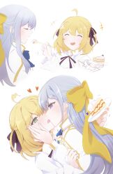 Rule 34 | 2girls, ahoge, anisphia wynn palettia, black ribbon, blonde hair, blue bow, blue bowtie, blush, bow, bowtie, cake, cake slice, closed eyes, commentary, euphyllia magenta, feeding, food, fork, french kiss, grey hair, hair ribbon, hands on another&#039;s face, highres, holding, holding fork, holding plate, jacket, kiss, long hair, long sleeves, medium hair, multiple girls, neck ribbon, open mouth, plate, qqwan120, ribbon, saliva, simple background, smile, tensei oujo to tensai reijou no mahou kakumei, tongue, tongue out, white background, white jacket, yellow ribbon, yuri