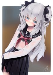 Rule 34 | 1girl, absurdres, black bow, blouse, bow, dress, eyebrows hidden by hair, hair between eyes, highres, indie virtual youtuber, long hair, looking at viewer, neckerchief, red neckerchief, retorillo, school uniform, see-through, serafuku, shanoa (vtuber), shirt, silver hair, solo, two side up, very long hair, virtual youtuber, wet, wet clothes, wet shirt, white shirt