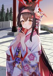 Rule 34 | 1girl, animal ear fluff, animal ears, black hair, blue archive, colored inner hair, floral print, flower, fox ears, fox girl, hair flower, hair ornament, halo, hands up, highres, holding, ichinomiya (blantte), japanese clothes, kimono, long hair, long sleeves, looking at viewer, multicolored clothes, multicolored hair, multicolored kimono, outdoors, print kimono, red halo, solo, very long hair, wakamo (blue archive), white kimono, yellow eyes