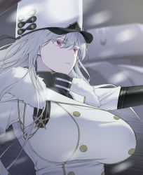 Rule 34 | 1girl, azur lane, breasts, buttons, cape, closed mouth, coat, coat dress, commentary request, double-breasted, elbow gloves, fur-trimmed cape, fur-trimmed coat, fur trim, gloves, hair between eyes, hat, high collar, highres, hyury, large breasts, long hair, military hat, mole, mole under eye, red eyes, silver hair, sovetskaya rossiya (azur lane), white coat, white hat