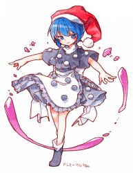 Rule 34 | 1girl, apron, back bow, black dress, black footwear, blue eyes, blue hair, blush, bow, character name, dated, doremy sweet, dream soul, dress, frills, full body, hat, kibayashi kimori, nightcap, outstretched arms, pom pom (clothes), red hat, short hair, short sleeves, signature, solo, spread arms, touhou, traditional media, turtleneck, waist apron, white background, white bow