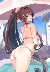 Rule 34 | 1girl, artist name, ass, bare arms, bare legs, bare shoulders, bikini, blush, breasts, brown eyes, brown hair, cloud, cowboy shot, dated, flower, from behind, hair flower, hair ornament, high ponytail, highres, himeyamato, kantai collection, large breasts, long hair, looking back, open mouth, outdoors, pink bikini, pink flower, ponytail, revision, signature, solo, swimsuit, umbrella, very long hair, yamato (kancolle), yamato kai ni (kancolle)