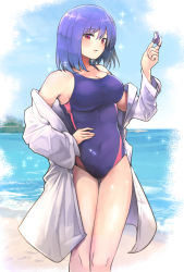 Rule 34 | 1girl, beach, blue hair, blue one-piece swimsuit, blush, breasts, cleavage, collarbone, competition swimsuit, day, feet out of frame, ginnkei, hair between eyes, highres, holding, holding whistle, large breasts, long sleeves, nagae iku, ocean, one-piece swimsuit, open mouth, red eyes, short hair, solo, swimsuit, touhou, whistle