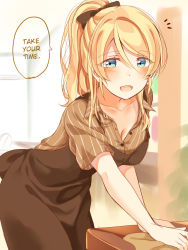 Rule 34 | 10s, 1girl, :d, apron, ayase eli, blonde hair, blue eyes, blush, bow, breasts, brown apron, brown bow, brown shirt, cleavage, cloth, collarbone, commentary request, hair between eyes, hair bow, hard-translated, leaning forward, love live!, love live! school idol festival, love live! school idol project, mogu (au1127), notice lines, open mouth, shirt, smile, solo, striped clothes, striped shirt, third-party edit, translated, wiping