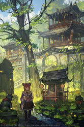 Rule 34 | 1girl, architecture, bag, bespin, blouse, east asian architecture, frog, gate, highres, looking to the side, original, outdoors, plant, pleated skirt, purple shirt, red hair, shirt, shrine, skirt, solo, statue, stream, tree, tumblr username, twintails, walking, wide shot