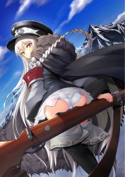 Rule 34 | 1girl, arm support, ass, bad id, bad pixiv id, black footwear, black hat, black skirt, blush, bolt action, boots, cloud, cloudy sky, commentary request, cross, day, dutch angle, from behind, from below, fur trim, girls&#039; frontline, gun, hair between eyes, hat, highres, inu3, iron cross, jacket, jacket on shoulders, kar98k (girls&#039; frontline), long hair, looking at viewer, mauser 98, military hat, miniskirt, mountain, panties, pantyshot, peaked cap, pink eyes, rifle, see-through, sitting, skirt, sky, solo, thigh boots, thighhighs, thighs, underwear, very long hair, weapon, white hair, white panties