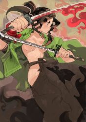 Rule 34 | 1girl, areola slip, black hair, black skirt, breasts, convenient censoring, dual wielding, feet out of frame, fire, highres, hip vent, holding, holding sword, holding weapon, long hair, luny, medium breasts, open clothes, original, profile, serious, shodan (luny doobles), skirt, solo, sword, weapon