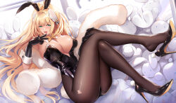 Rule 34 | 1girl, animal ears, bare shoulders, black footwear, black gloves, black leotard, blonde hair, blush, bow, bowtie, breasts, brown pantyhose, cleavage, covered navel, detached collar, elbow gloves, fake animal ears, fake tail, feather boa, gloves, goddess of victory: nikke, green eyes, high heels, high ponytail, highleg, highleg leotard, highres, knees together feet apart, large breasts, leotard, long hair, looking at viewer, nr noir, open mouth, pantyhose, patent heels, playboy bunny, pumps, rabbit ears, rabbit tail, rupee (nikke), rupee (rabbit deluxe) (nikke), shoes, smile, solo, stiletto heels, tail, wrist cuffs, yellow bow, yellow bowtie