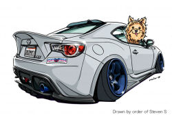 Rule 34 | black eyes, car, commentary, commission, english commentary, mixed-language commentary, motor vehicle, no humans, original, ozizo, scion (company), scion fr-s, signature, smile, sports car, sticker, vehicle focus, white background