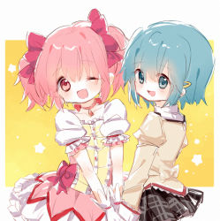 Rule 34 | 2girls, :d, ;d, arms at sides, black skirt, blue eyes, blue hair, bubble skirt, choker, collarbone, flat chest, frilled skirt, frilled sleeves, frills, gloves, hair ornament, hair ribbon, hairclip, happy, high collar, holding hands, juliet sleeves, kaname madoka, long sleeves, looking at viewer, looking back, mahou shoujo madoka magica, mahou shoujo madoka magica (anime), miki sayaka, multiple girls, no nose, one eye closed, open mouth, orange background, pink hair, pink ribbon, plaid, plaid skirt, pleated skirt, puffy short sleeves, puffy sleeves, ribbon, short hair, short sleeves, simple background, skirt, smile, soul gem, star (symbol), starry background, tareme, twintails, upper body, v arms, white gloves, white skirt, xixizi kiko