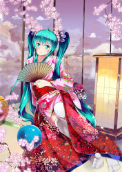 Rule 34 | 1girl, blue eyes, blue hair, collarbone, hair ornament, hatsune miku, highres, holding, japanese clothes, kimono, long hair, looking at viewer, matching hair/eyes, pink kimono, smile, solo, thighhighs, toyozero, twintails, vocaloid, white thighhighs, yukata
