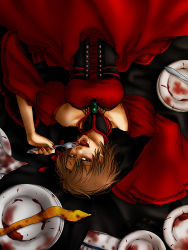 Rule 34 | 1girl, akujiki musume conchita (vocaloid), bad food, bare shoulders, blood, breasts, brown eyes, brown hair, dress, evillious nendaiki, fingernails, fork, holding, long sleeves, looking at viewer, lying, meiko (vocaloid), nail polish, necktie, unworn necktie, on back, open mouth, plate, red dress, short hair, smile, solo, tongue, tongue out, vocaloid, wide sleeves, yellow necktie, yusaryosuke