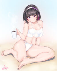 Rule 34 | 1girl, armpit crease, barefoot, beach, bikini, black hair, bow, breasts, closed mouth, collarbone, colored inner hair, commentary request, cup, dated, eyelashes, feet, full body, hairband, hand up, highres, holding, holding cup, hori shin, indie virtual youtuber, large breasts, legs, looking at viewer, medium hair, mole, mole under eye, mug, multicolored hair, navel, on ground, outdoors, purple bow, purple eyes, purple hair, sakurako omal, shadow, sidelocks, signature, sitting, skindentation, smile, solo, swimsuit, thighs, toenails, toes, virtual youtuber, white bikini, white hairband