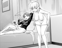 Rule 34 | 1boy, 1girl, absurdres, ankoman, artoria pendragon (all), artoria pendragon (fate), ass, bar censor, bed, bedroom, bottomless, breasts, censored, clothed male nude female, clothes, fate/grand order, fate (series), highres, large breasts, large penis, long hair, lying, matou shinji, monochrome, nude, on bed, open clothes, penis, phone, saber (fate), short hair, testicles