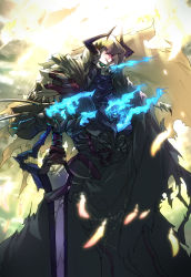 Rule 34 | 1boy, armor, black armor, black horns, blue eyes, blue fire, burning, fate/grand order, fate (series), fire, fire, flaming eye, glowing, glowing eyes, holding, holding sword, holding weapon, hood, hood up, horns, king hassan (fate), looking at viewer, male focus, mask, skull, skull mask, solo, spikes, sword, tsuezu, upper body, weapon