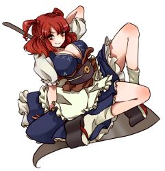 Rule 34 | 1girl, bad id, bad pixiv id, breasts, cleavage, female focus, full body, hair bobbles, hair ornament, highres, inoguchinko, inosina, large breasts, onozuka komachi, platform clogs, red eyes, red hair, scythe, short hair, solo, touhou, transparent background, twintails, two side up