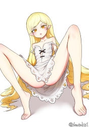 Rule 34 | 1girl, :&lt;, arm support, artist name, ass, bad id, bad pixiv id, barefoot, blonde hair, blush, collarbone, dress, dynamite tomokazu, eyelashes, fang, feet, female focus, heel up, highres, kizumonogatari, lace-up, laces, leaning back, long hair, looking at viewer, m legs, monogatari (series), open mouth, oshino shinobu, parted bangs, pointy ears, see-through, see-through dress, shadow, simple background, sleeveless, sleeveless dress, solo, spread legs, strap slip, sundress, toes, twitter username, very long hair, white background, white dress, yellow eyes