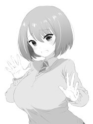 Rule 34 | 1girl, blush, bob cut, breasts, greyscale, hands up, highres, large breasts, long sleeves, looking at viewer, monochrome, necktie, onsoku inu, original, school uniform, shrug (clothing), simple background, solo, striped necktie, sweater, white background