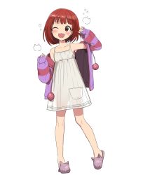 Rule 34 | :3, :d, alternate breast size, animal slippers, armpits, bare legs, bare shoulders, blush, blush stickers, bob cut, commentary request, dress, flat chest, hands up, highres, idolmaster, idolmaster million live!, itohari (mamiiori1), jacket, jacket partially removed, nonohara akane, one eye closed, open mouth, purple jacket, see-through silhouette, simple background, sleeveless, sleeveless dress, slippers, smile, white background, white dress
