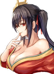 Rule 34 | 1girl, azur lane, bare shoulders, black hair, breasts, cleavage, closed mouth, collarbone, crossed bangs, hair between eyes, hair ribbon, hand up, japanese clothes, kimono, large breasts, licking, licking finger, long hair, mask, mask on head, moppo, off shoulder, red eyes, red kimono, red ribbon, ribbon, simple background, smile, solo, taihou (azur lane), tongue, tongue out, twintails, upper body, white background