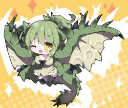1girl, ;d, ahoge, bangs, black bow, black legwear, bow, breasts, brown dress, brown wings, chibi, collarbone, commentary request, dragon girl, dragon horns, dragon tail, dragon wings, dress, eyebrows visible through hair, fang, full body, green hair, hair between eyes, halftone, halftone background, horns, large breasts, milkpanda, monster hunter, one eye closed, open mouth, orange background, personification, ponytail, rathian, short eyebrows, smile, solo, tail, thick eyebrows, thighhighs, wings, yellow eyes