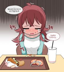 Rule 34 | 1girl, absurdres, ahoge, blue sleeves, blush, breasts, burger, chair, child, closed eyes, collarbone, crying, drink, drinking straw, food, food on face, gloom (expression), gradient background, grey background, hair between eyes, hair flaps, happy meal, highres, idolmaster, idolmaster shiny colors, ketchup, komiya kaho, korean commentary, korean text, long hair, long sleeves, onion rings, open mouth, pelican (s030), red hair, shirt, sitting, small breasts, solo, speech bubble, table, tomato, translated, tray, trembling, upper body, white shirt