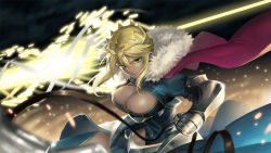 Rule 34 | 1girl, armor, armored boots, armored dress, artoria pendragon (all), artoria pendragon (fate), artoria pendragon (lancer) (fate), blonde hair, boots, braid, breasts, cape, cleavage, cleavage cutout, clothing cutout, commentary request, fate/grand order, fate (series), french braid, gauntlets, green eyes, holding, holding weapon, lance, large breasts, long hair, polearm, riding, saber (fate), sanwood mori, solo, underboob, weapon, yellow eyes