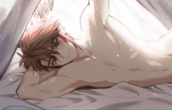 Rule 34 | 1boy, arm up, bed, bed sheet, blue eyes, blush, brown hair, closed mouth, commentary request, earrings, jewelry, link, looking at viewer, lying, male focus, navel, nintendo, ninto, nipples, nude, on bed, on side, out-of-frame censoring, pillow, pov across bed, short hair, smile, solo, the legend of zelda, toned