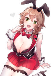 Rule 34 | 1girl, akikuriii, animal ears, bare shoulders, black vest, blush, bow, bowtie, braid, breasts, brown hair, bunny garden, cleavage, detached collar, fake animal ears, finger to face, green eyes, hair between eyes, heart, highres, kana (bunny garden), large breasts, leotard, long hair, looking at viewer, open mouth, playboy bunny, pleated skirt, rabbit ears, red bow, red bowtie, red skirt, sitting, skirt, smile, solo, thighhighs, twin braids, vest, white background, white thighhighs