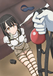 Rule 34 | 1girl, 1other, arms behind back, ball gag, bdsm, belt, belt skirt, black hair, blush, bondage, bound, bound arms, bound legs, box tie, brown eyes, brown skirt, closed mouth, couch, feet out of frame, gag, unworn gag, hanasaka yui, highres, holding, holding gag, imminent gagging, improvised gag, indoors, legs together, long hair, long sleeves, longhaired chihuahua, looking at viewer, on floor, one room, restless leg syndrome, ribbed sweater, rope, shibari, shibari over clothes, sitting, skirt, straight hair, sweater, tape, tape gag, turtleneck, turtleneck sweater, ungagged, white sweater