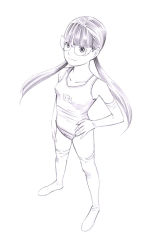 Rule 34 | 1girl, long hair, monochrome, original, school swimsuit, sketch, solo, swimsuit, thighhighs, traditional media, twintails, yoshitomi akihito